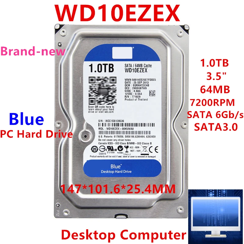 

New Original HDD For WD Blue 1TB 3.5" SATA 6 Gb/s 64MB 7200RPM For Internal Hard Disk For Desktop Hard Drive For WD10EZEX