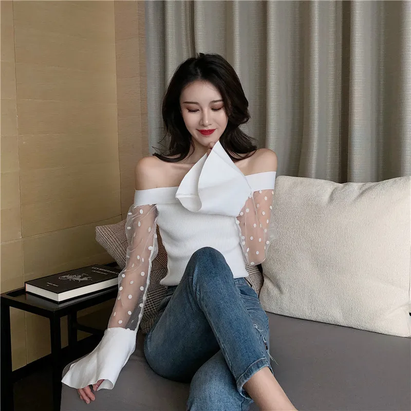 WHITNEY WANG Autumn Fashion Streetwear Sexy Slash neck See Through Mesh Patchwork Knitted Slim Tops Women t shirt