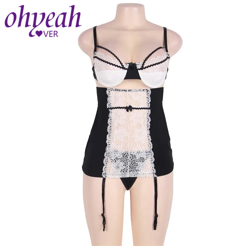 Ohyeahlover кружево Babydoll сексуальное нижнее белье подвязки Плюс размер женский открытый бюстгальтер Детская кукла Mujer без рукавов сетка Bodycon 3XL 5XL RM80427