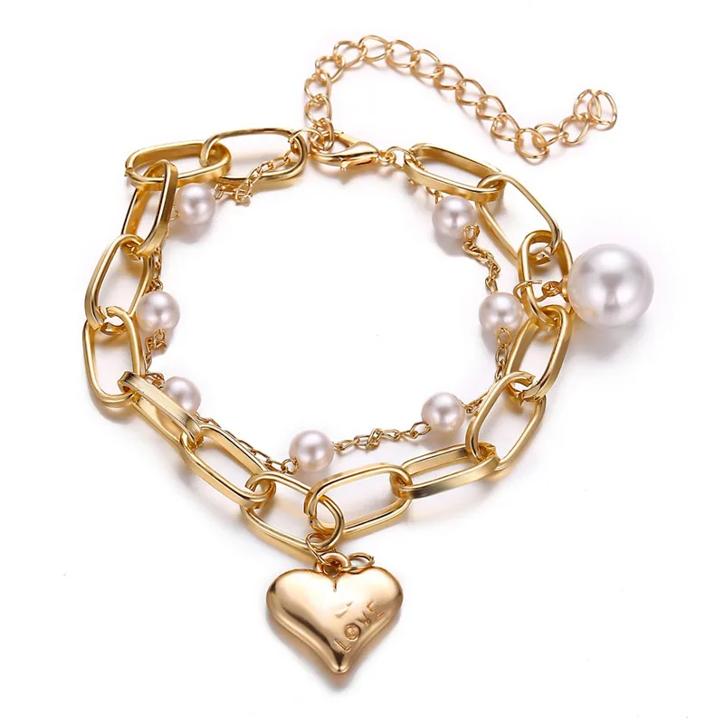 Модный винтажный браслет в виде сердца золотого цвета, 2 шт./набор, браслет из искусственного жемчуга для женщин, ювелирные изделия, подарки