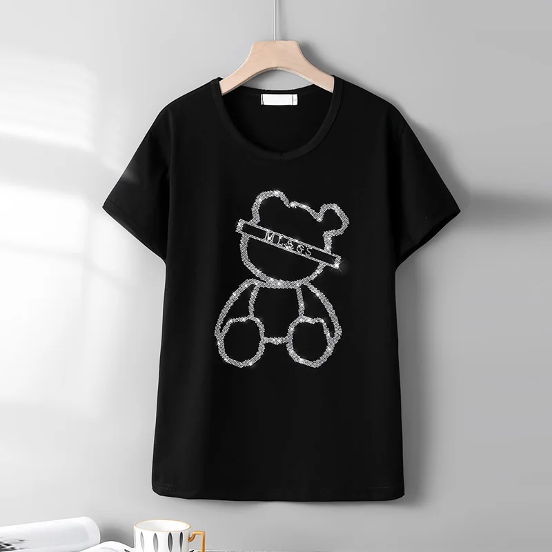 

Summer Fashion Black short-sleeve T-shirts female personality Cartoons Little bear Pattern Hot diamonds Loose Casual women tops