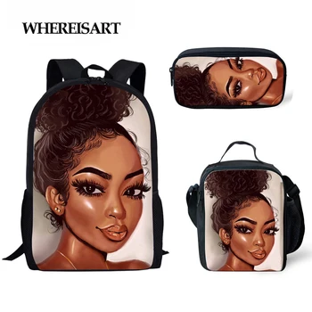 

WHEREISART 3pcs Black Art African Girls Printing School Bags Set for Teenage Girls Bookbag Children Kids Schoolbags