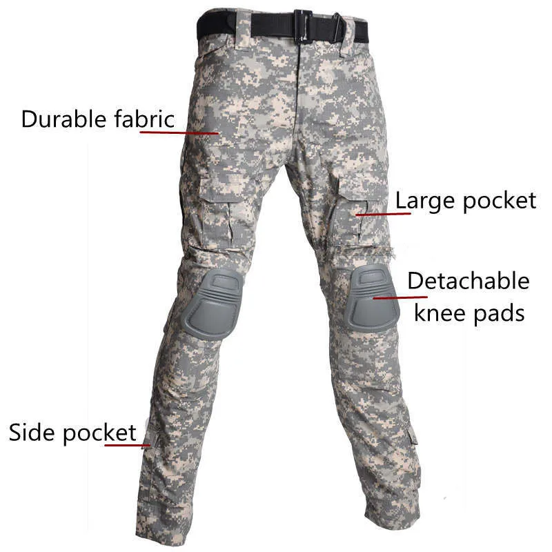 Military Uniform Tactical Suits Camouflage Hunting Clothes Hiking Paintball Airsoft Sniper Combat Shirt + Pants with Knee Pads