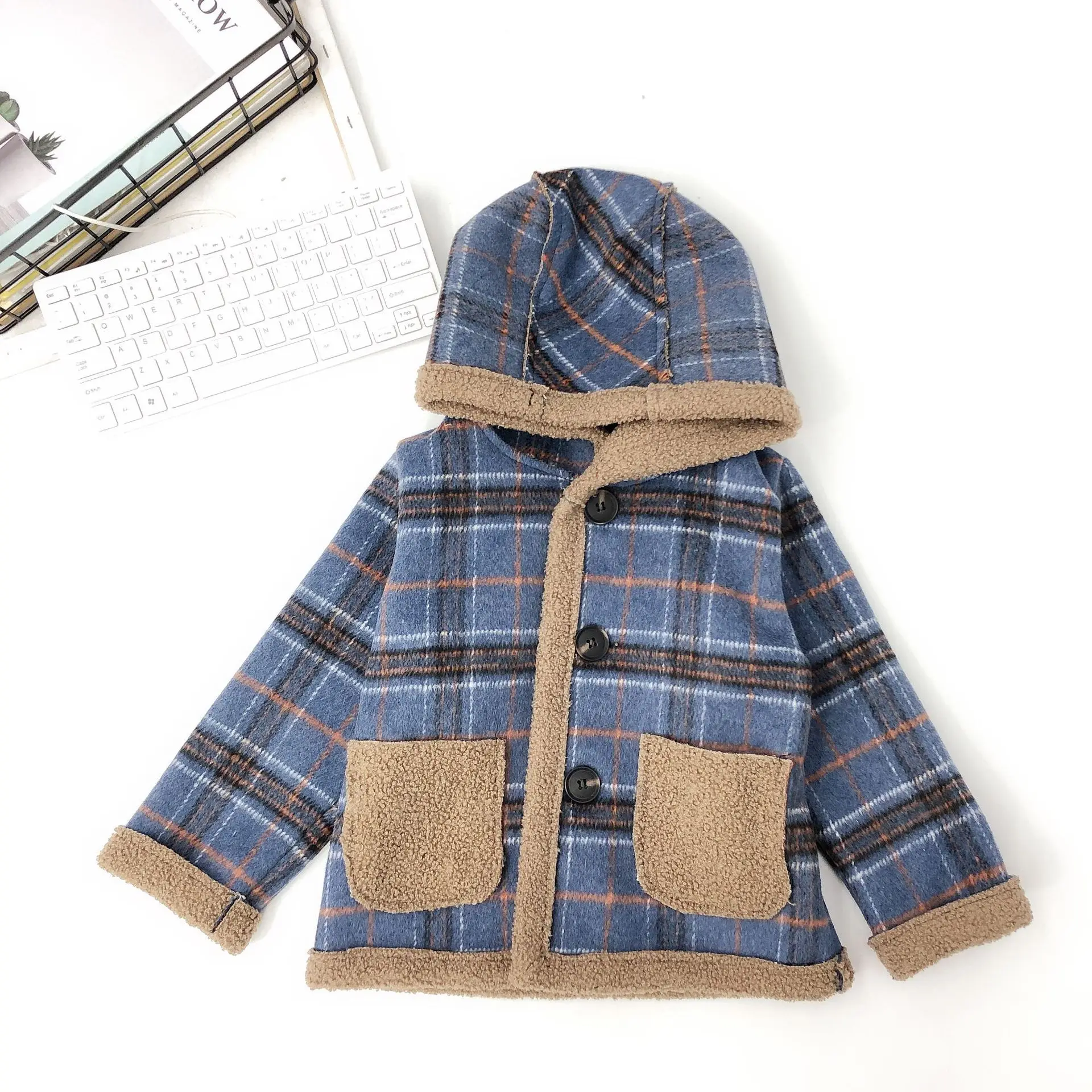New Arrival Girls Boys Woolen Plaid Thicken Coat Autumn Winter Kids Hooded Jacket Baby Girl Jacket 1-6 Years