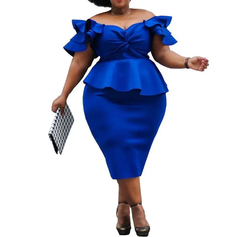 

2019 Summer Dress Women New Solid Color Sexy Slim Ruffled Word Shoulder Plus Size Women Clothing Solid Color Office Work Dress