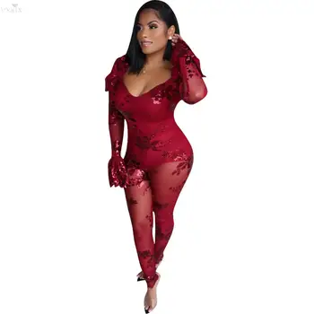 

Sexy Jumpsuit Women Skinny V-neck Long Sleeve Women Romper Mesh Sequined See Through Clubwear One Piece Jumpsuit Women Outfits