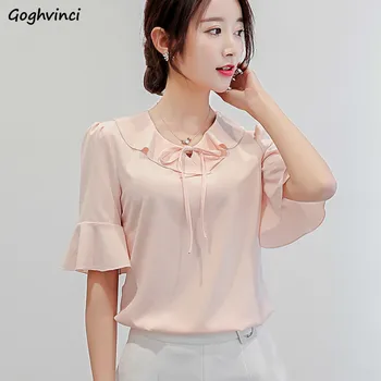 

Blouses Women Chiffon Solid O-neck Flare Sleeves Casual Korean Style Elegant Breathable Womens All-match Fashion Pink Kawaii