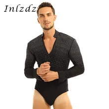 

Mens Latin Tango Rumba Dance Shirt Shiny Rhinestones V-neck Stand Collar Long Sleeve Ballroom Leotard Bodysuit Shirt Tops