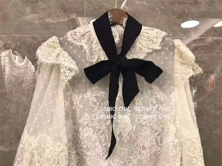 Cosmicchic вышивка кружева Женские топы и блузка в горошек рубашка с рюшами отделка стоячий воротник длинный фонарь рукав блузки в богемном стиле