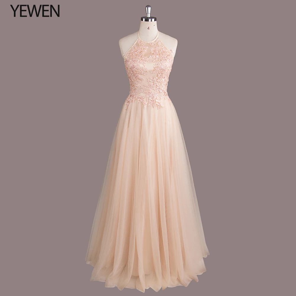 

Elegant Champagne Evening Dresses A-Line Ruched Halter-Neck Cheap Tulle Evening Gowns Vestidos Largos 2020 vestidos de fiesta