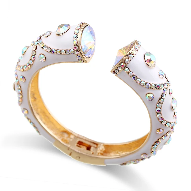 All Seasons Women's Enamel Color Statement Fashion Bangle Cuff Bracelet Gold Plated Inlaid AB Rhinestons Cuff Bangle White