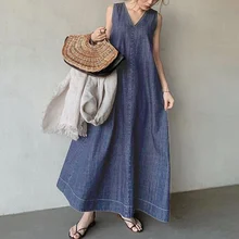 

Summer Dress For Women Oversized Sleevess Loose A-Line Denim Fashion Pullover Korean Plain V Neck Female Clothes Ladies 2021 New