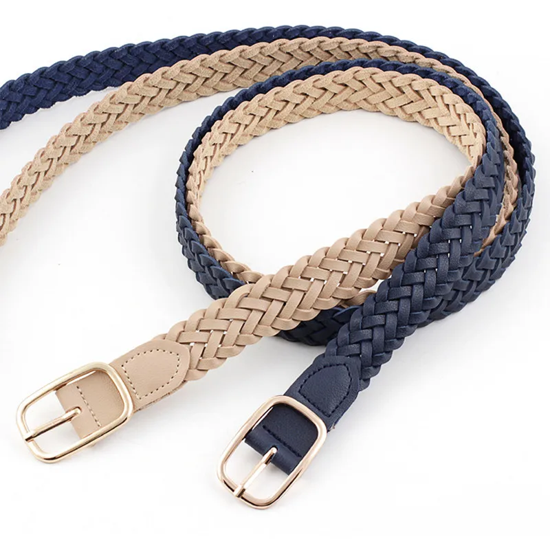 Women's PU Leather Braided Belt Golden Square Pin Buckle Belt New Fashion Causal Jeans Dress Waistband 2.3cm Thin Belt