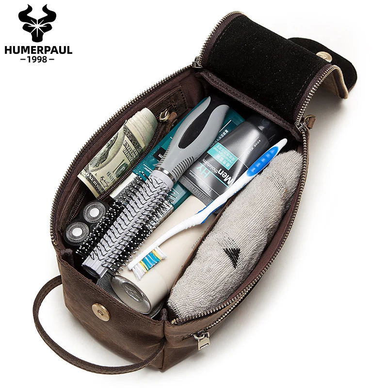 

Crazy Horse Leather Cosmetic Bag Multifunctional Men Travel Make Up Toothbrush Pouch Necessaries Organizer Zipper Makeup Case