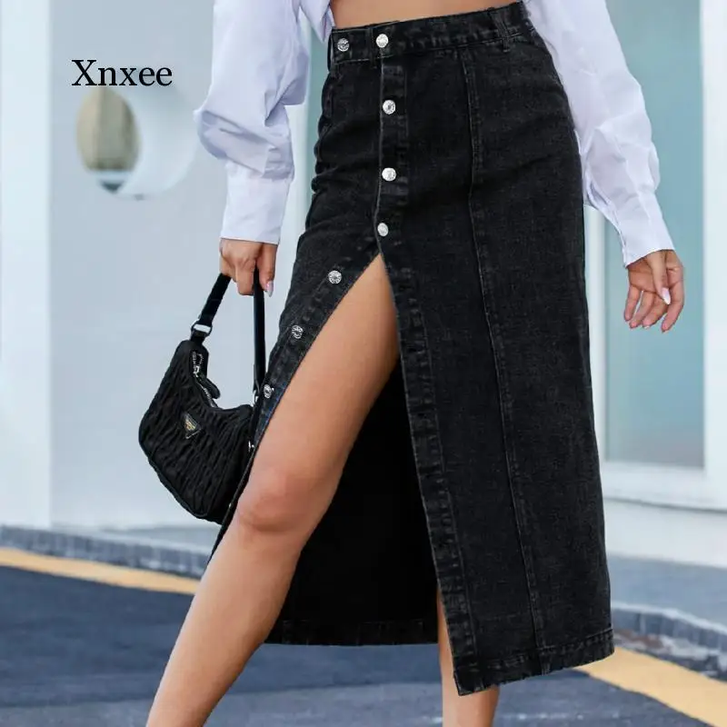 

Women's Blue Denim Midi Skirt Summer Asymmetric Patchwork Buttons High Waist Tight Denim Skirt