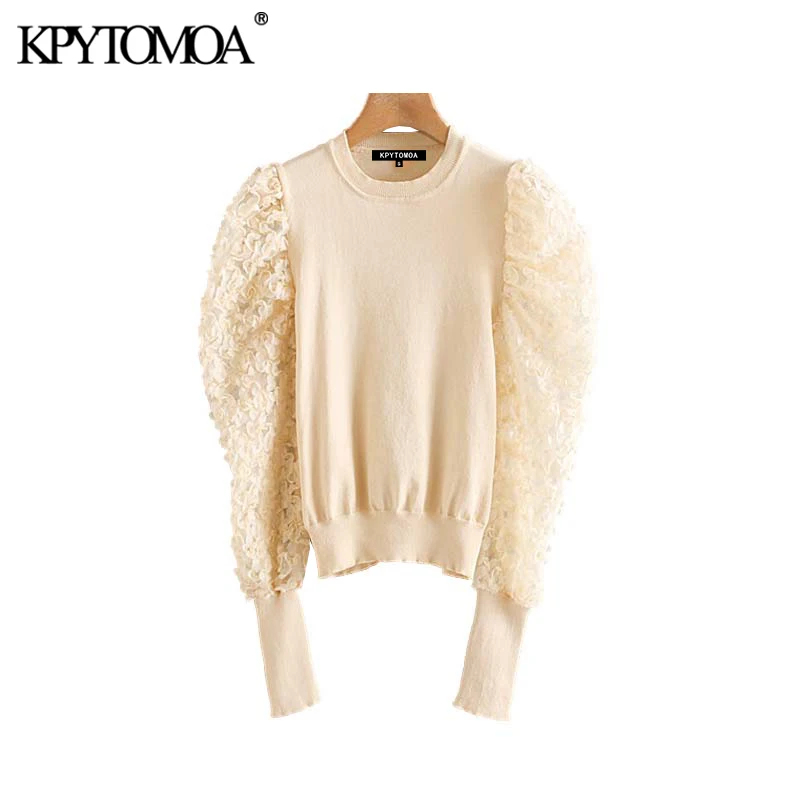 

Vintage Elegant Tulle Sleeve Thin Knitted Sweater Women 2020 Fashion O Neck Patchwork Stretchy Female Pullovers Chic Tops