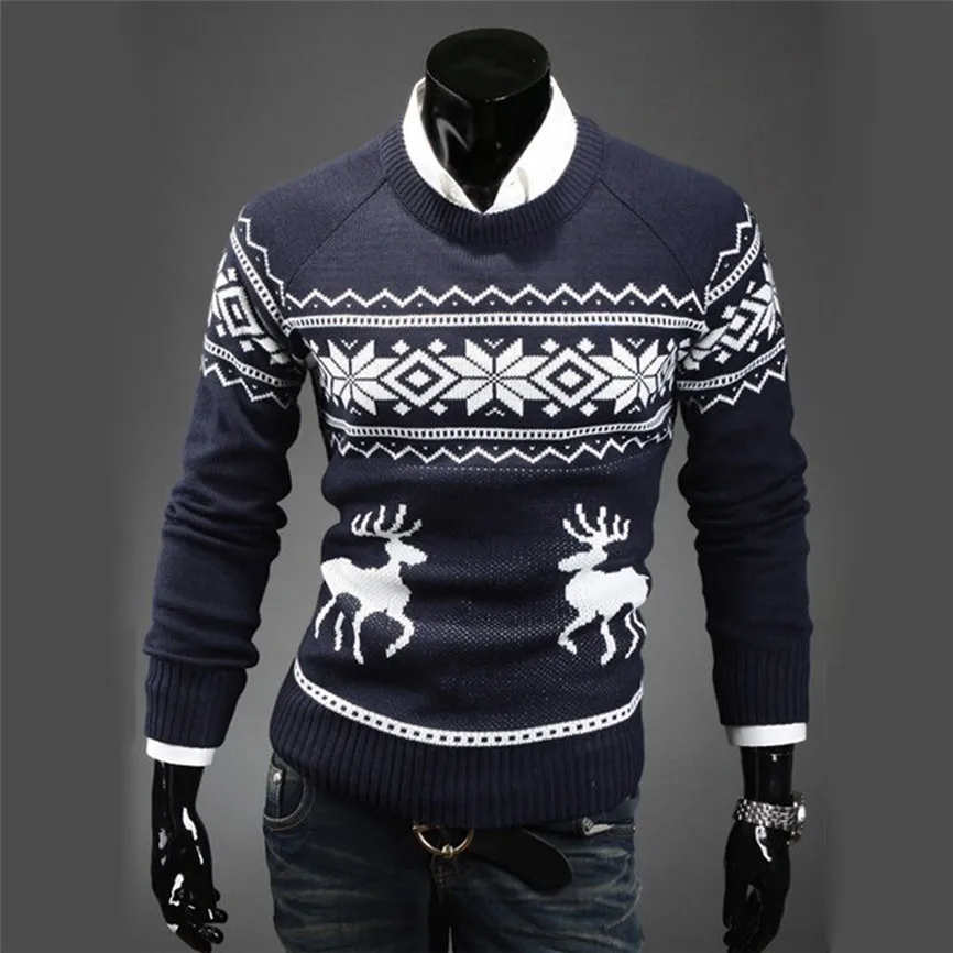 Mens Causal O Neck Sweater Deer Printed Autumn Winter Christmas Pullover Knitted Jumper Sweaters Slim Fit Male Clothes