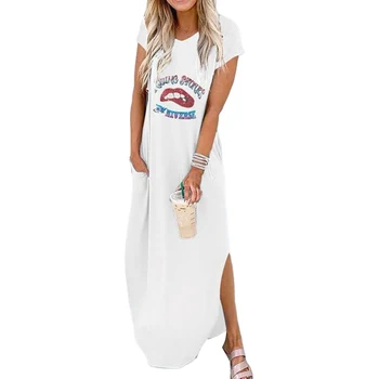 

Women's Summer Dress, Loose Midi, Round Neck Short Sleeve Summer Household Split Girl Maxi