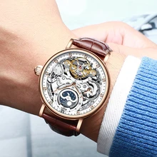 KINYUED Reloj de pulsera para hombre de negocios, cronógrafo mecánico automático tallado en hueco, estilo caliente, resistente al agua, GMT
