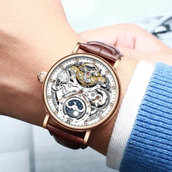 KINYUED Reloj de pulsera para hombre de negocios, cronógrafo mecánico automático tallado en hueco, estilo caliente, resistente al agua, GMT