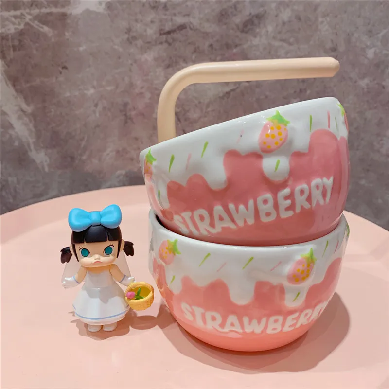 ins Cute pink tender strawberry embossed ceramic bowl girl heart fruit snack ice cream bowl breakfast bowl