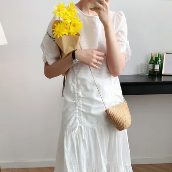 

2020 New Women O-Neck Pure Color White Boho Midi Puff Sleeve Ladies Summer Cotton Dress Bohemian Dresses