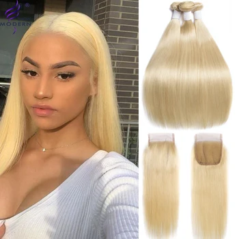 

Modern Show Brazilian 613 Blonde Straight Human Hair Bundles With Closure 3 Bundles With 1pc 4x4 Lace Closure Remy Hair Wefts