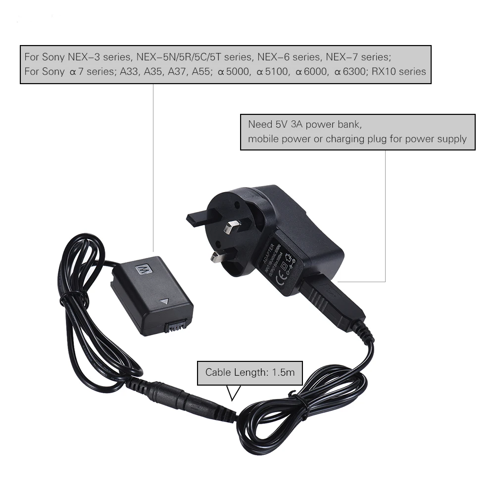 Andoer NP-FW50 батарея адаптер манекен батарея+ 5V 3A USB адаптер питания кабель ж/разъем питания Замена для AC-PW20 для SonySeries