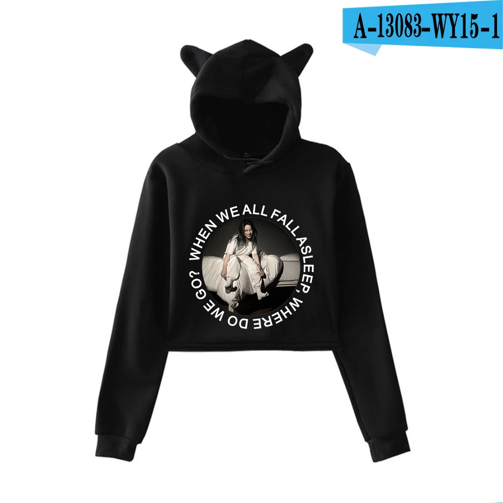 Black 2 Billie Eilish Cat уличная Женская Сексуальная толстовка с кошачьими ушками в стиле хип-хоп тренд короткий кошачий Топ Billie Eilish Толстовка Harajuku пуловер - Цвет: Black 2