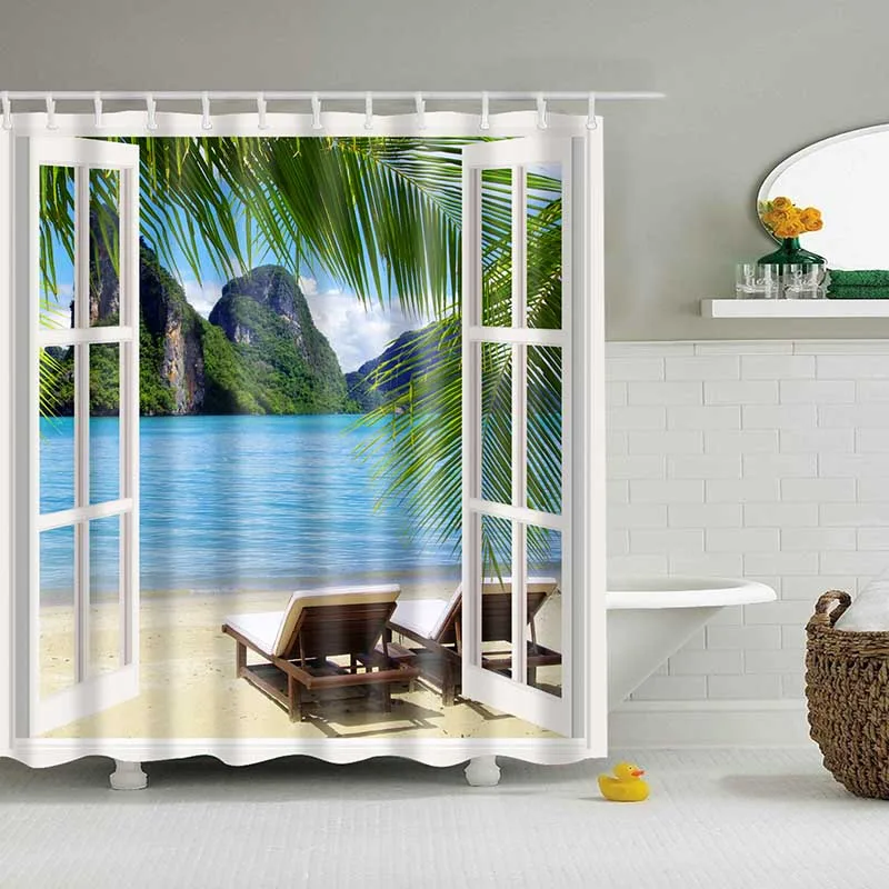 Green Tropical Plants Shower Curtains for Bathroom Polyester Seaworld Shower Curtain Printing Curtain Beach Curtains 1PC