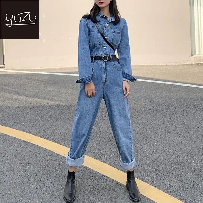 

Woman Denim Jumpsuits Rompers Vintage Blue 2020 New Spring Fall Fashionable Pockets Loose Empire Pants No Belt Playsuit