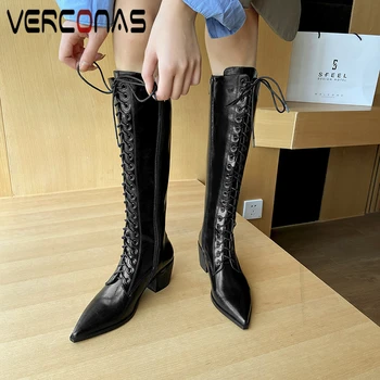 

VERCONAS Sexy Fashion Pointed Toe Knee-High Boots For Women High Heels Shoes Woman Cross-Tied Autumn Winter Side Zipper Boots