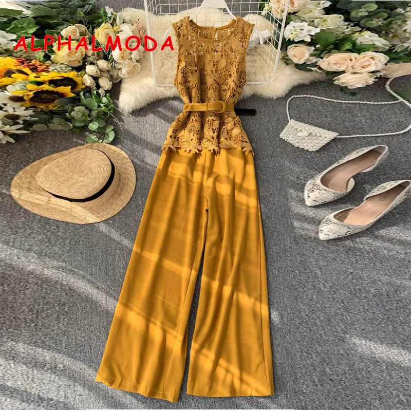 

ALPHALMODA 2019 New Hollow Out Lace Patchwork Slim Wide-leg Jumpsuit Sleeveless Solid Belted Women Fashion Rompers