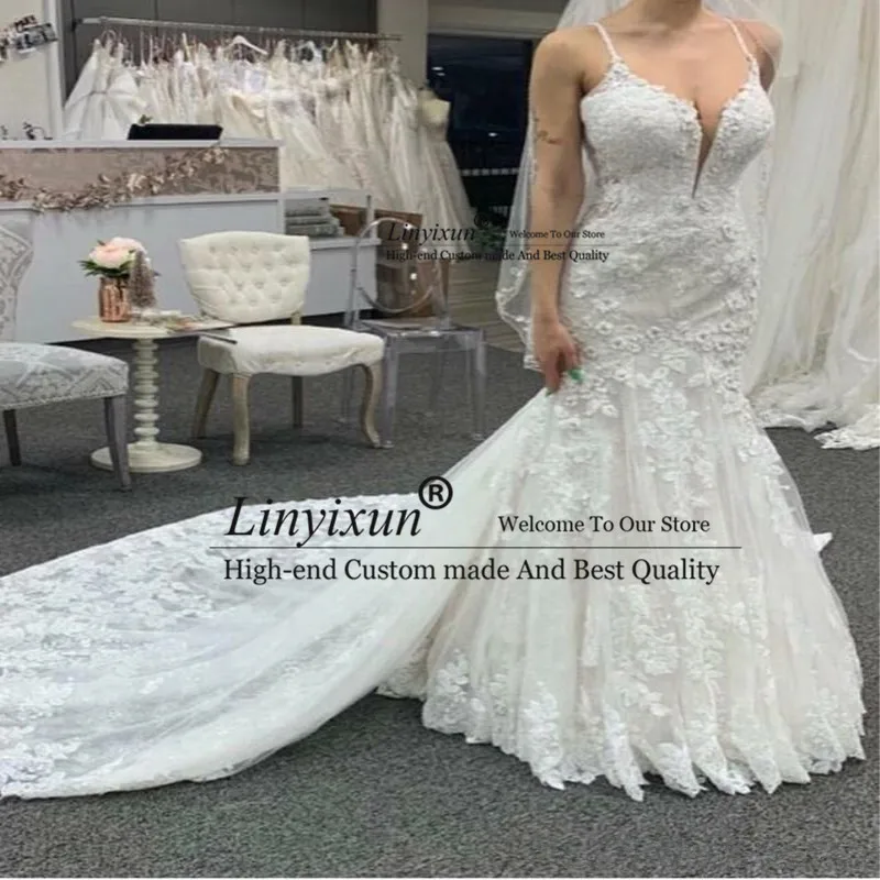 Vestido De Noiva Sereia, сексуальные кружевные свадебные платья русалки с аппликацией, Свадебные платья для невесты на бретельках, Robe De Mariee