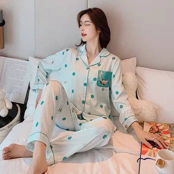 

Ice Silk Thin Two-piece Suit Imitation Silk Home Service Pajamas for Women Autumn and Winter Pajamas Women's Long-sleeved
