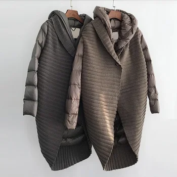 

New fashion cashmere knit stitching hooded collar thick warm down jackets female winter long thicker warm duck down jackets