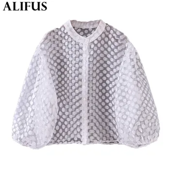 

Fashion Za Women Shirt 2020 Polka Dots Buttons See Through O-Neck Shirts Blouses Loose Ladies Puff Sleeve Blusas Tops