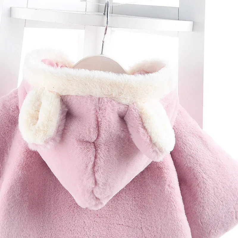 Зимнее шерстяное пальто для девочек; детская куртка с капюшоном и заячьими ушками; теплая плюшевая шаль с часами для маленьких девочек; Верхняя одежда для детей
