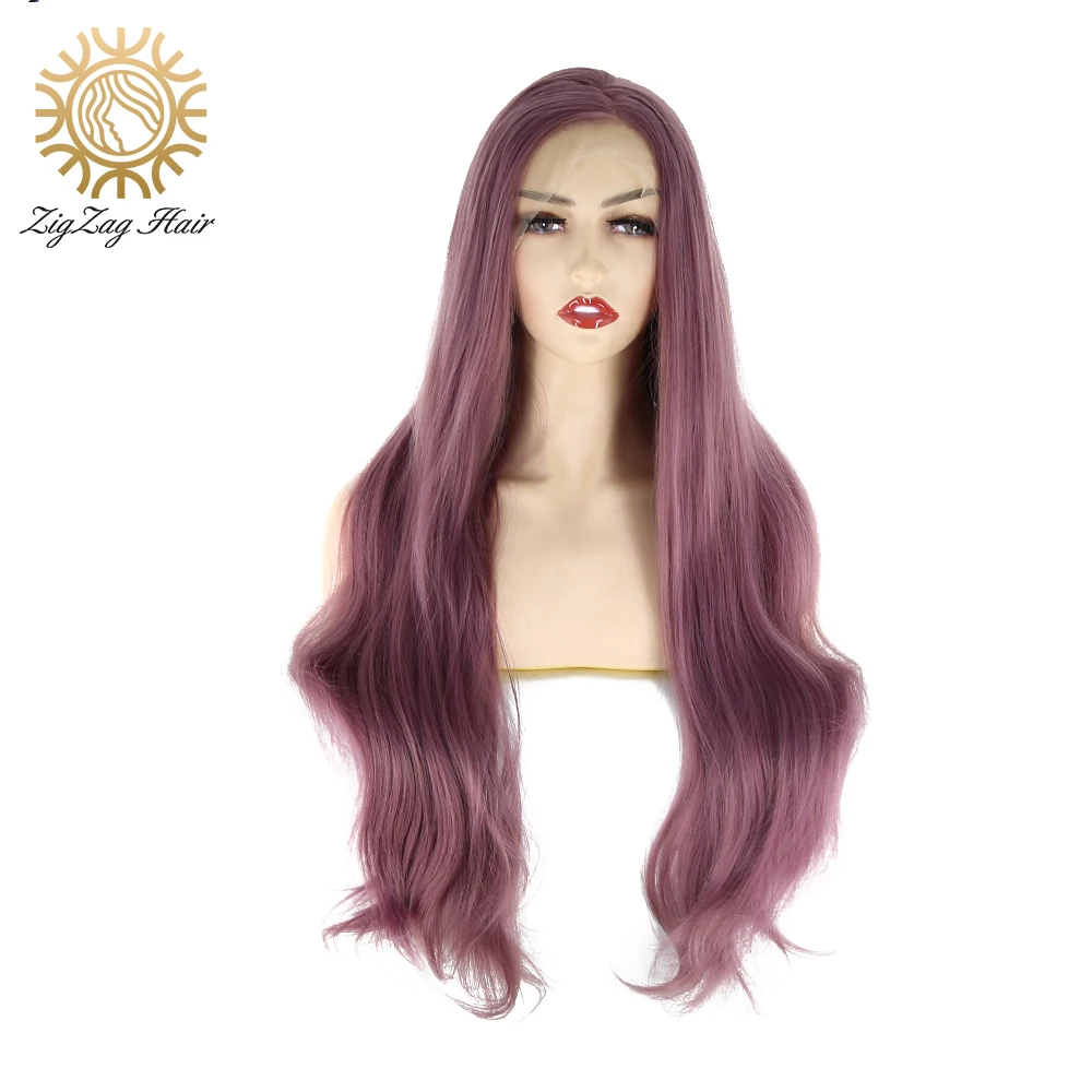 

ZigZag Side Part Purple Brown Wavy Synthetic Lace Front Wig Natural Glueless Heat Resistant Hair Cosplay Daily Wigs for Women