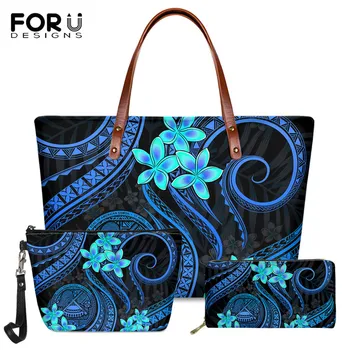 

FORUDESIGNS Polynesian Tribal Flowers Pattern Brand Design 3set Large Capacity Female Shoulder Bag Fashion Ladies Long PU Purse
