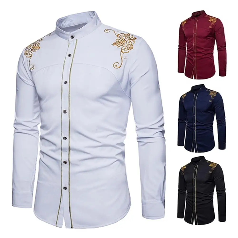 

Hot Sale Men Fashion Embroidery Flower Button Stand Collar Long Sleeve Shirt Blouse Top Male Dress Shirt Size s-2XL