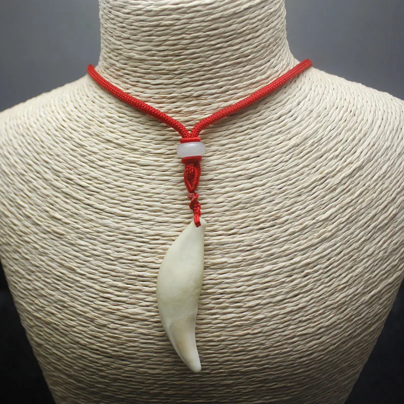 Man wolf tooth necklace pendant choker ethnic style accessory red rope