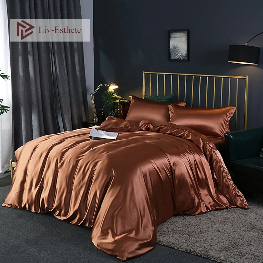 

Liv-Esthete Women Luxury Brown Silk Bedding Set Silky Duvet Cover Set Flat Sheet Pillowcase Bed Linen Double Queen King For Gift