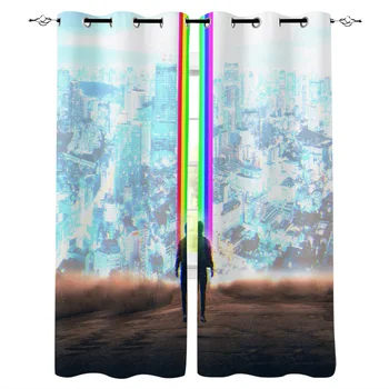 

City Synthesis Rainbow Rays Sci Fi Curtains Window Living Room Curtains High Blackout Curtain Thick