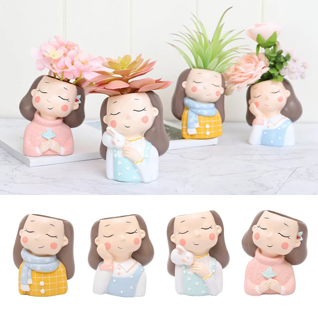 Garden Decor Flowerpot Succulent Planter Pot Vase Girl Figurines Desk Top Statue Figure, Micro Landscape Bonsai Holder Pot