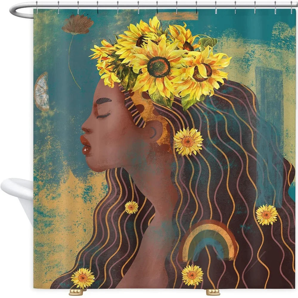 African American Black Girls Bath Curtains Sunflower Women Painting Hippie Beautiful Waterproof Cloth with Hook Bathroom Curtain