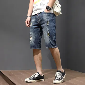 

Fashion Streetwear Men Jeans Blue Color Summer Style Short Ripped Jeans Men Destroyed Denim Shorts Half Length Hip Hop Shorts