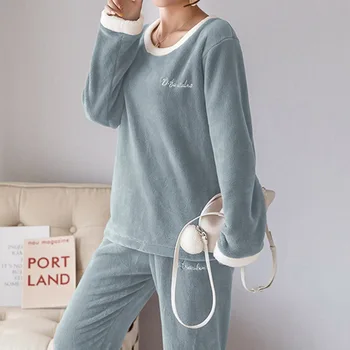 

2020 Women Cute Cartoon Coral Pajamas Set Long Sleeve Shirt &Pant Sleep Set Winter Flannel Sleepwear Girl 2PCS Pijamas Suit