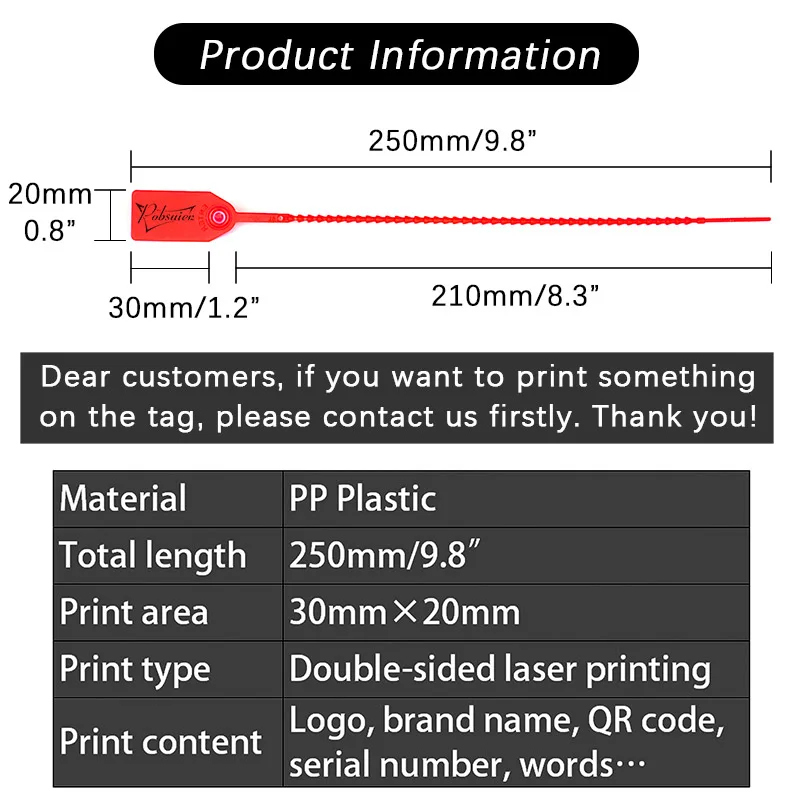 100 Custom Print Hang Tags Beaded Plastic Cable Zip Ties Garment Clothing Shoe Bag Security Brand Logo Tag Label Seal 250mm/9.8