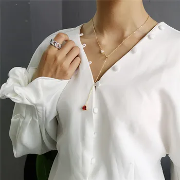 

RUIYI Real 925 Sterling Silver Pearl Red Zircon Heart Pendant Chic Necklace Women Minimalist Geometric Adjustable Gold Chokers